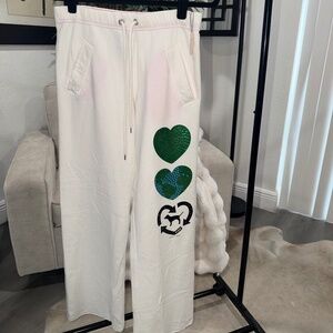 NEW PINK Victoria's Secret Sweatpants Wide leg Jogger, White, XS, Bling Green